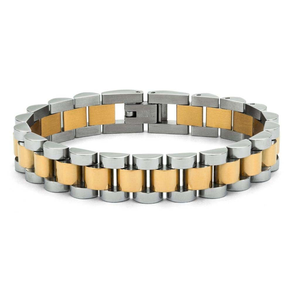 Analog Ava Wristband – brett klockinspirerat armband i rostfritt stål, PVD-pläterat i både guld och silver, vattentåligt och allergivänligt.