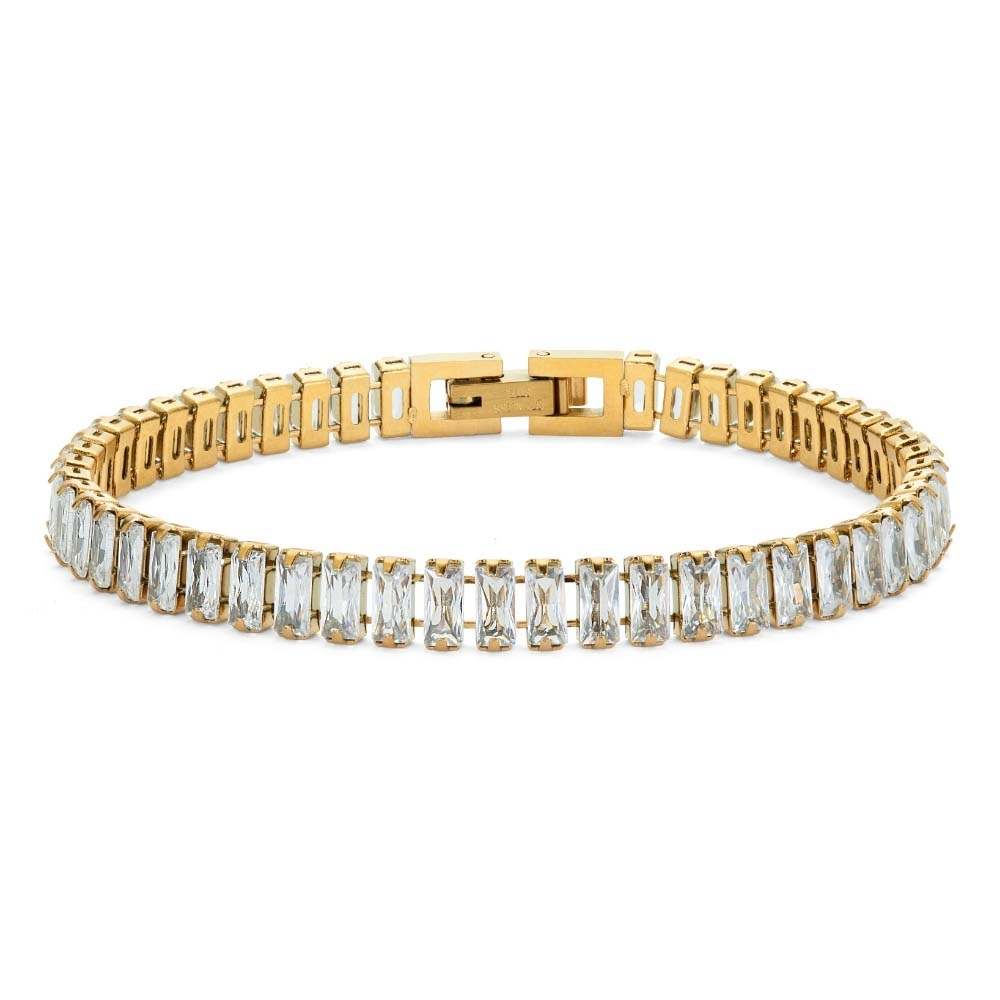 Santiago Sunstone Bracelet – guldigt tennisarmband med rektangulära cubic zirconia-stenar, 17 cm långt, tillverkat i allergivänligt rostfritt stål med PVD-plätering.