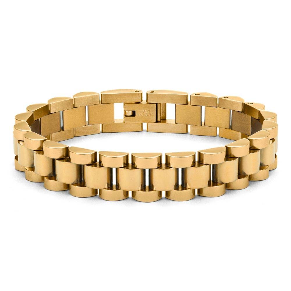 Analog Aria Wristband – brett klockinspirerat armband i rostfritt stål, PVD-pläterat i 18k guld, vattentåligt och allergivänligt.