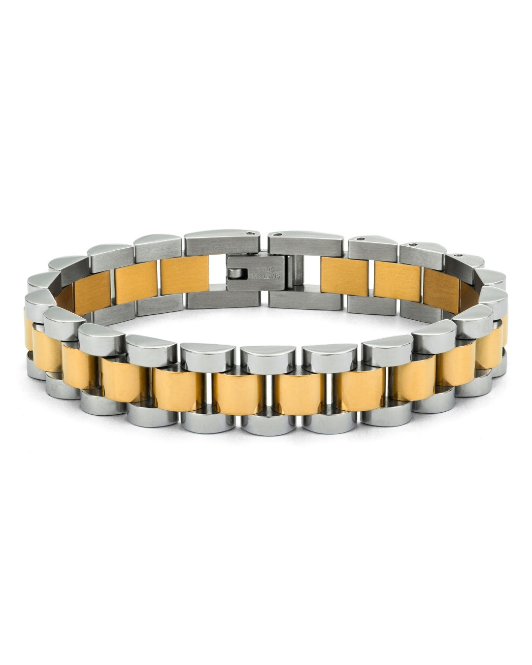 Analog Ava Wristband – brett klockinspirerat armband i rostfritt stål, PVD-pläterat i både guld och silver, vattentåligt och allergivänligt.