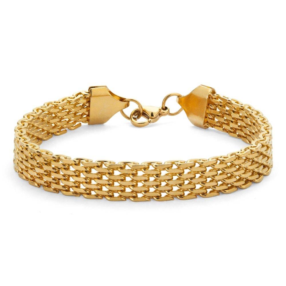 Aster Aurora Bracelet – brett guldigt nätlänkarmband i rostfritt stål med PVD-plätering i 18K guld, vattentåligt och allergivänligt.