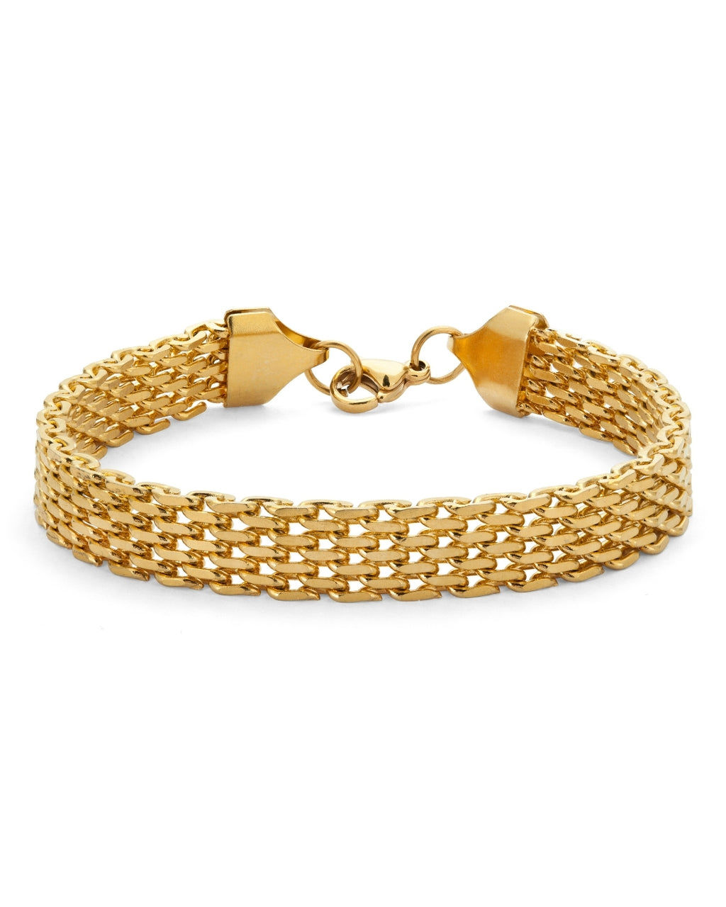 Aster Aurora Bracelet – brett guldigt nätlänkarmband i rostfritt stål med PVD-plätering i 18K guld, vattentåligt och allergivänligt.
