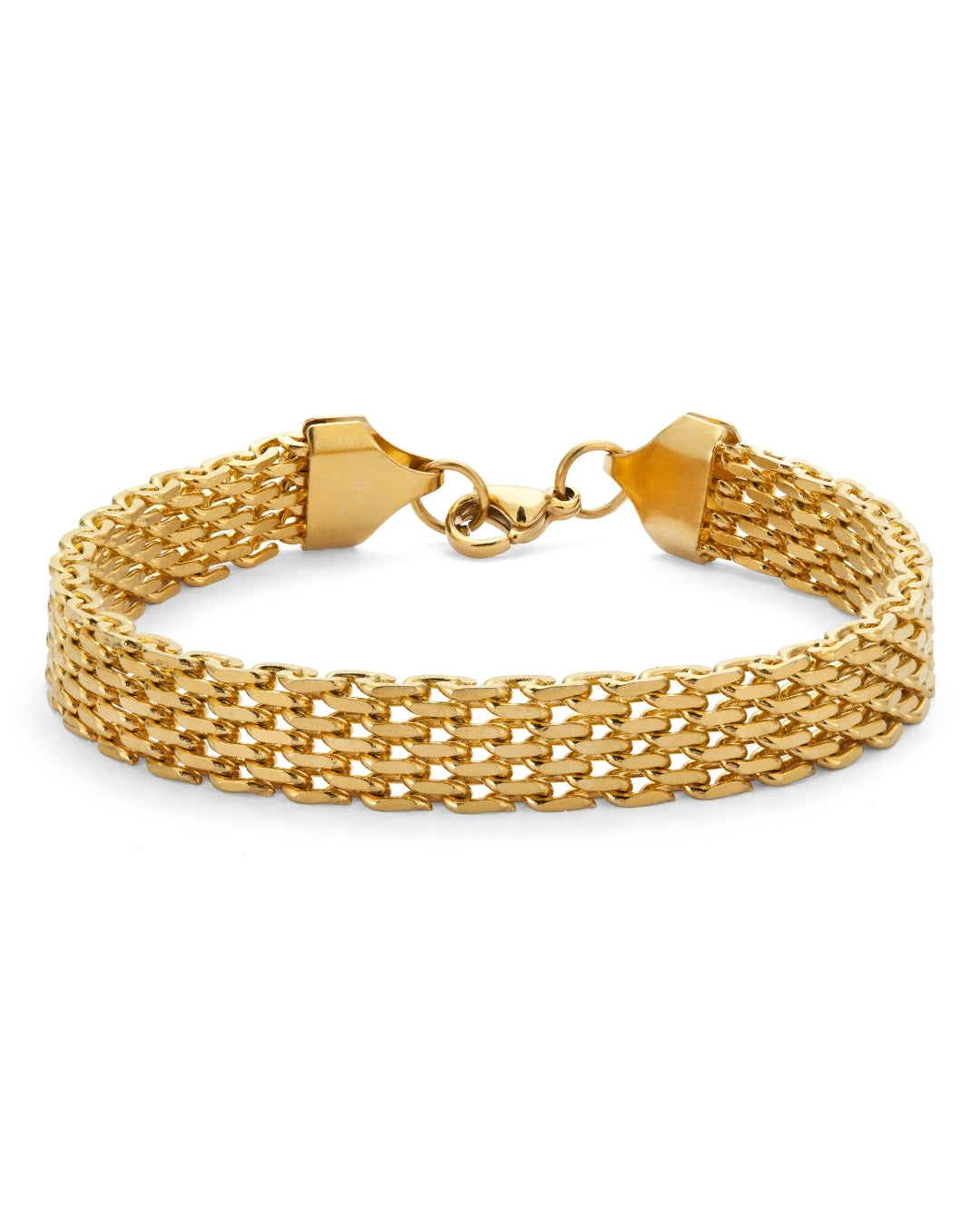 Aster Aurora Bracelet – brett guldigt nätlänkarmband i rostfritt stål med PVD-plätering i 18K guld, vattentåligt och allergivänligt.