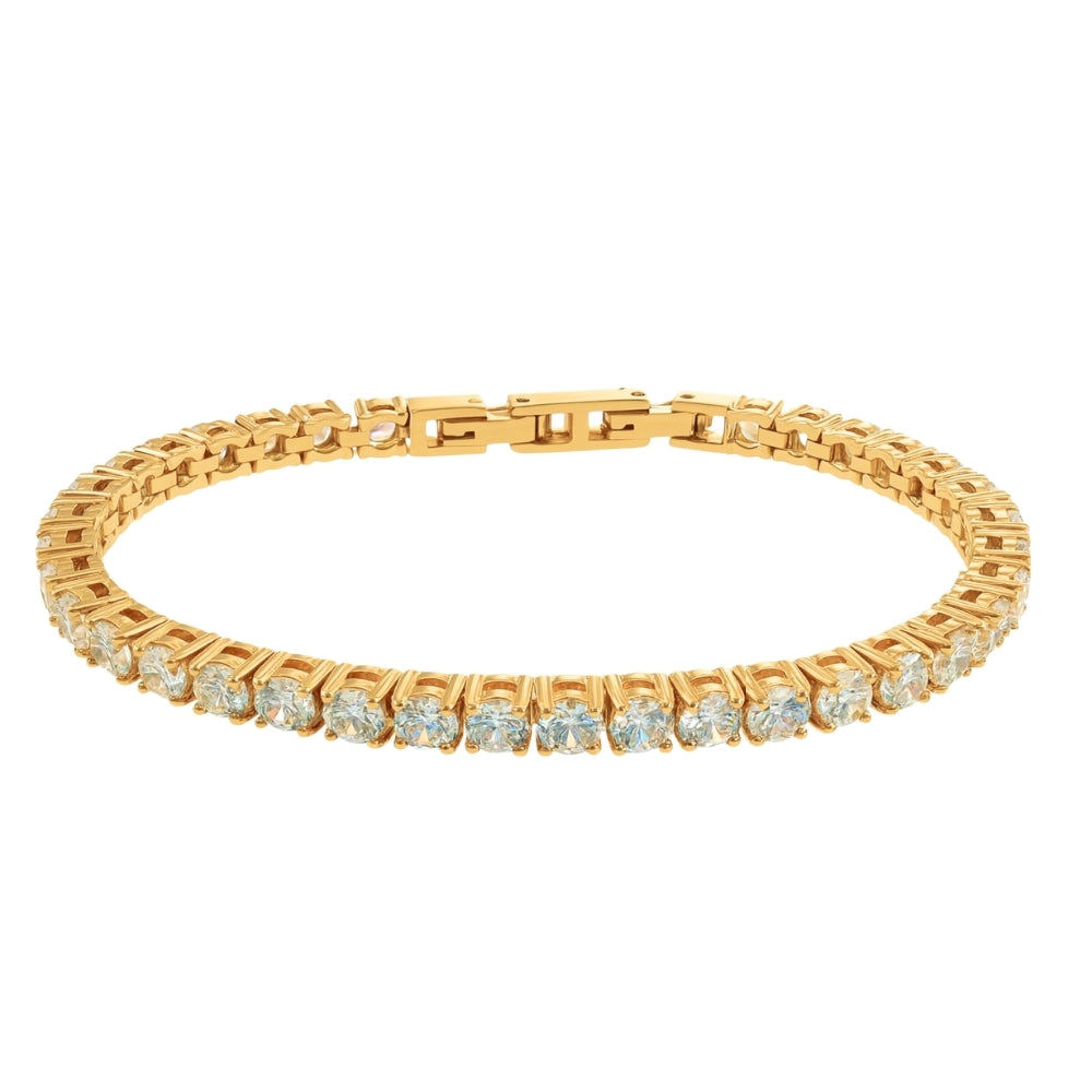 Aveline Tennis Bracelet från Alora Avenue – vattentåligt tennisarmband i rostfritt stål med 18K PVD-plätering i guld och gnistrande stenar. Ett hållbart och allergivänligt smycke som passar perfekt till vardag, fest och som julklapp till henne.