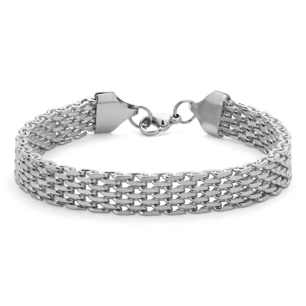 Azalea Aurora Bracelet – brett silvrigt nätlänkarmband i rostfritt stål med PVD-plätering i silver, vattentåligt och allergivänligt.