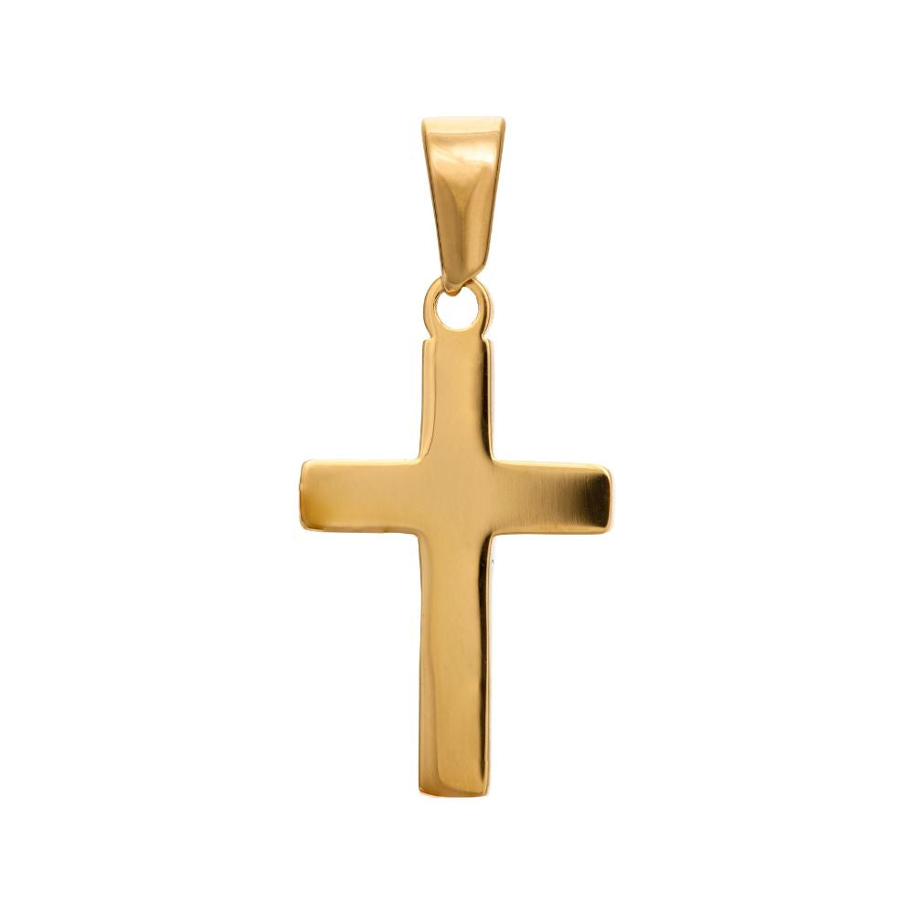 Chris Cross Pendant från Alora Avenue – ett klassiskt guldfärgat korshänge i rostfritt stål med PVD-plätering i 18k guld. Ett vattentåligt och allergivänligt smycke med symbolisk kraft och stilren design – perfekt som konfirmationspresent, dopgåva eller tidlös vardagsfavorit.