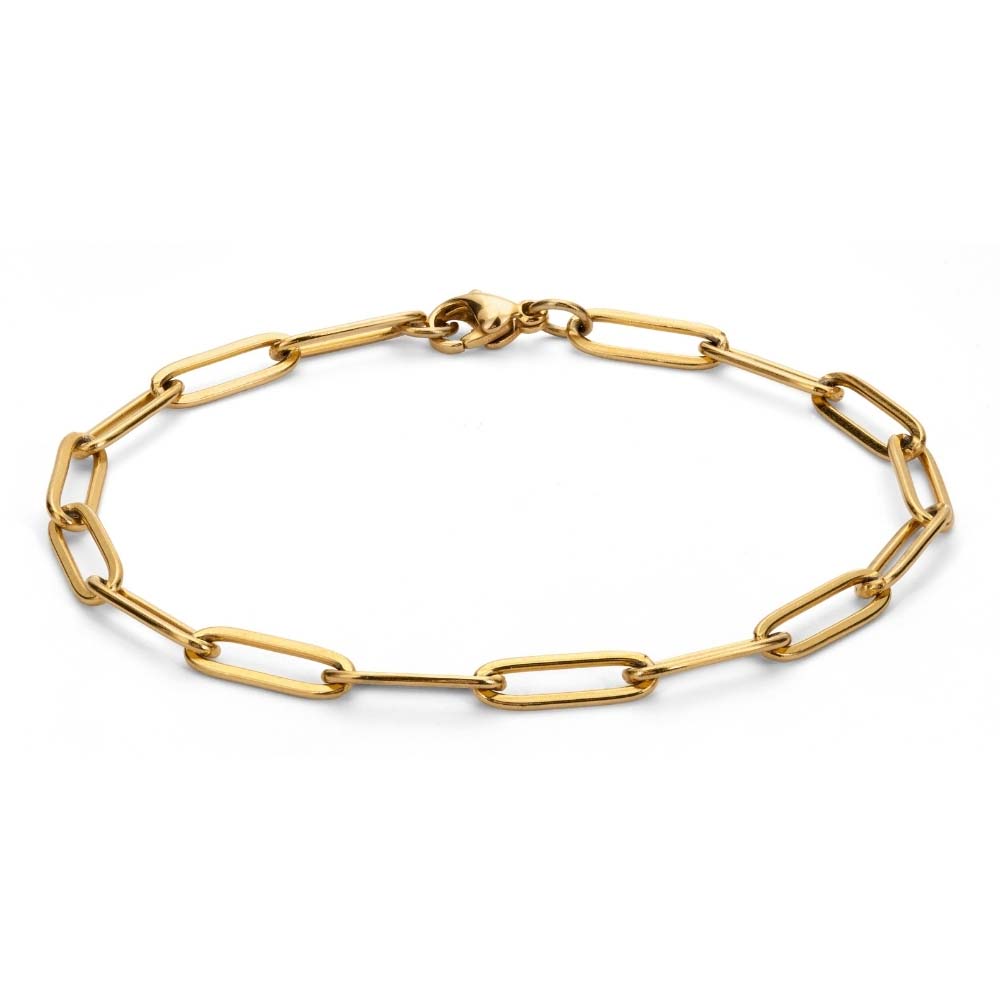 Dawn Clip Bracelet – guldfärgat paperclip-armband i rostfritt stål med slitstark PVD-plätering, vattentåligt och hållbart.