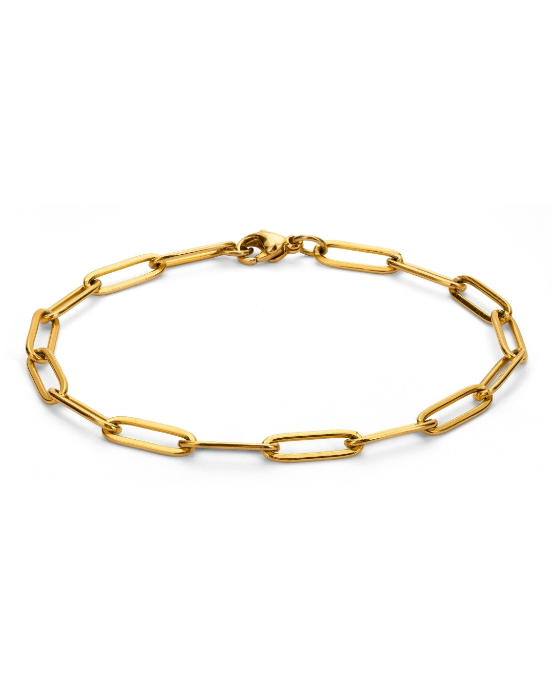 Dawn Clip Bracelet – guldfärgat paperclip-armband i rostfritt stål med slitstark PVD-plätering, vattentåligt och hållbart.