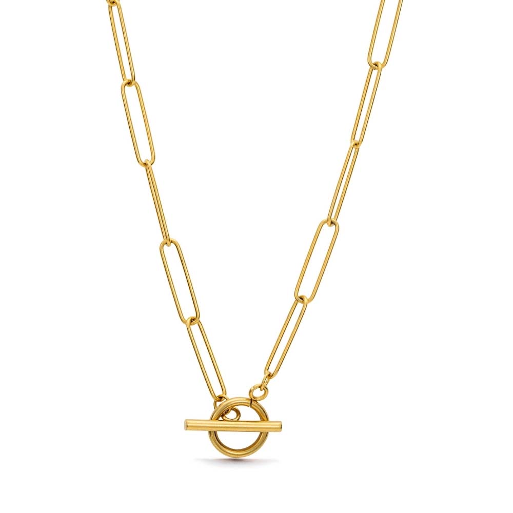 Lana Lotus Necklace – guldfärgad paperclip-kedja med unikt T-lås, elegant design och slitstark PVD-plätering för långvarig glans.