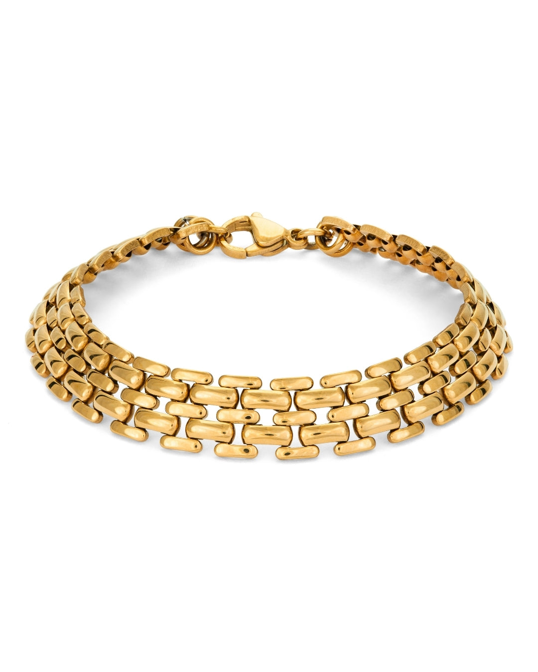 Maya Magnolia Bracelet - brett guldigt armband i rostfritt stål med hållbar PVD-plätering, vattentålig och elegant för ett kraftfullt uttryck.