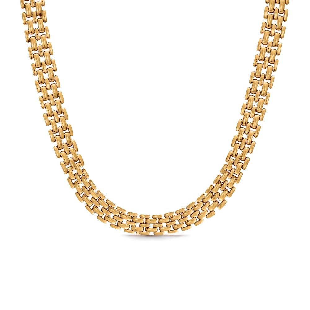 Mont Magnolia Necklace – klassisk bred guldkedja, 40 cm lång, med vackra guldlänkar. PVD-pläterat rostfritt stål för hållbarhet och vattentålighet.