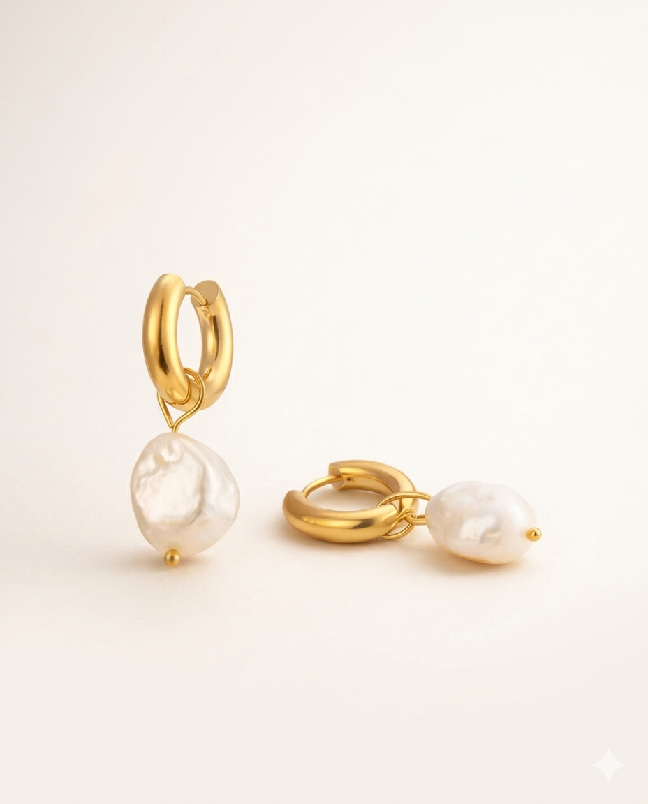 Guldiga hoops med droppformade sötvattenpärlor. Allergivänligt, rostfritt stål med PVD-plätering i 18K guld. Klassisk hoop med en romantisk twist — pärlorna lyfter den från basic till spännande.