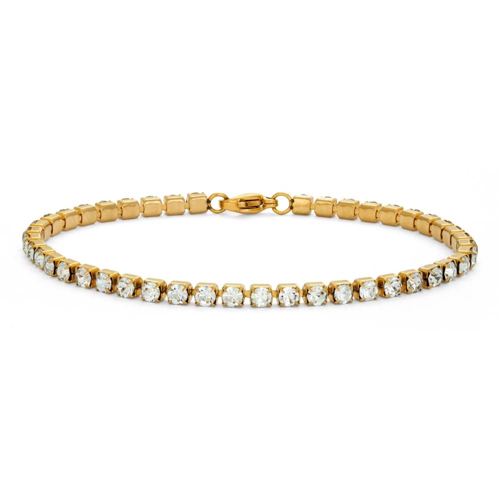 Primrose Bliss Bracelet – guldigt tennisarmband med glittrande cubic zirconia-stenar, 17 cm långt, tillverkat i rostfritt stål med PVD-plätering för hållbarhet.