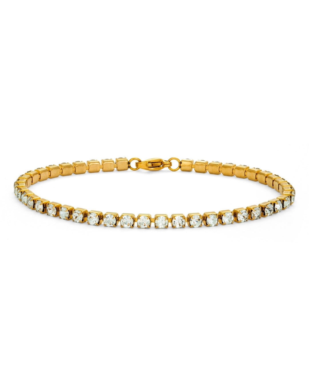 Primrose Bliss Bracelet – guldigt tennisarmband med glittrande cubic zirconia-stenar, 17 cm långt, tillverkat i rostfritt stål med PVD-plätering för hållbarhet.