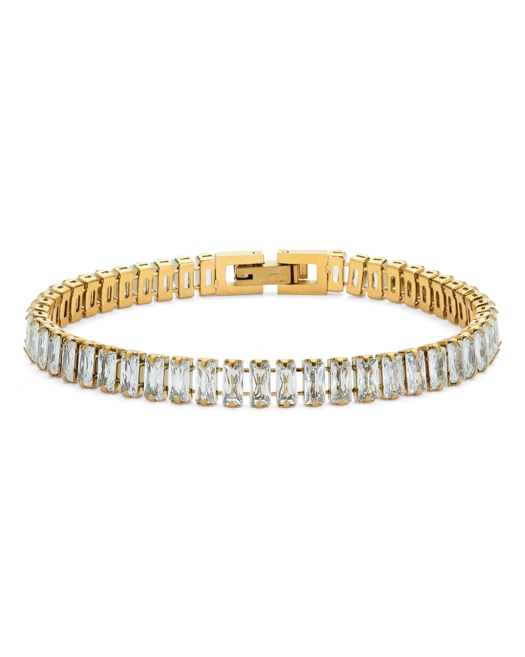 Santiago Sunstone Bracelet – guldigt tennisarmband med rektangulära cubic zirconia-stenar, 17 cm långt, tillverkat i allergivänligt rostfritt stål med PVD-plätering.