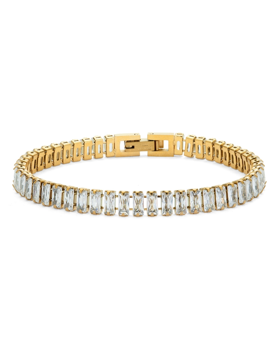 Santiago Sunstone Bracelet – guldigt tennisarmband med rektangulära cubic zirconia-stenar, 17 cm långt, tillverkat i allergivänligt rostfritt stål med PVD-plätering.