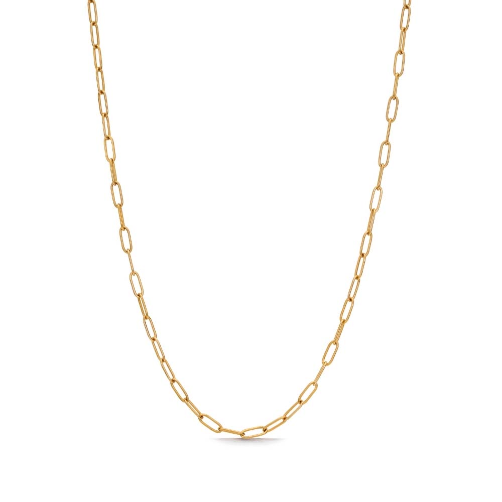 Scarlet Berlin Necklace – guldig paperclip-kedja, 42 cm lång, tillverkad i rostfritt stål och PVD-pläterad för långvarig glans och vattentålighet.