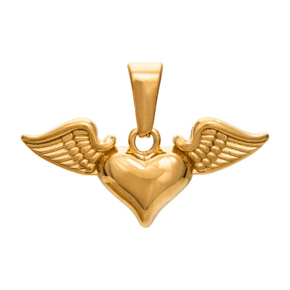 Winged Heart Pendant från Alora Avenue – ett guldfärgat hängsmycke i form av ett hjärta med vingar, tillverkat i vattentåligt och allergivänligt stål. Perfekt som symbolisk present eller unik detalj i ditt halsbandslayer. Fotograferat med vit bakgrund för tydlig produktvisning.