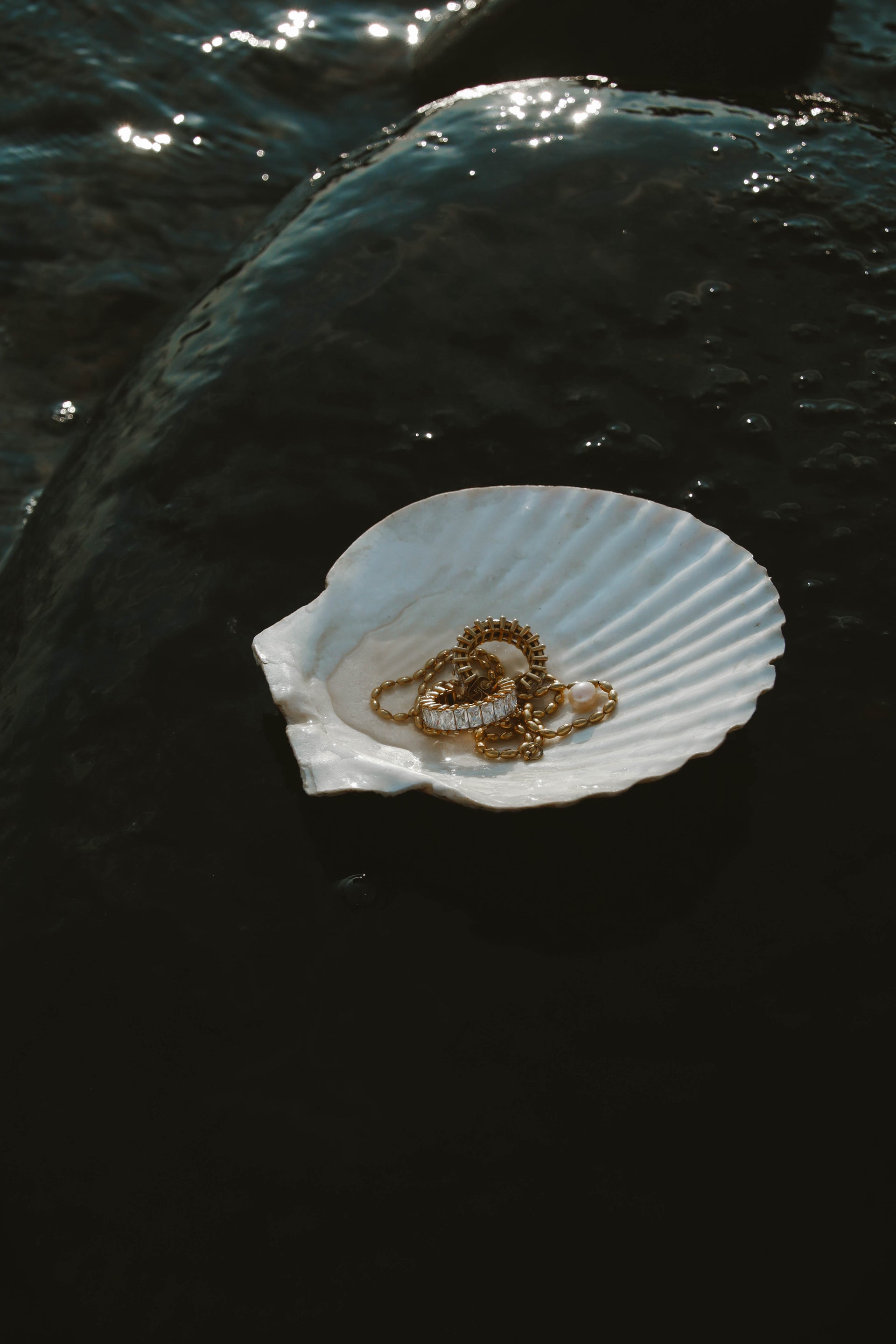 Guldpläterade smycken från Alora Avenue i en snäcka omgivna av vatten – vattentåliga armband och ringar i 316L rostfritt stål med skandinavisk design